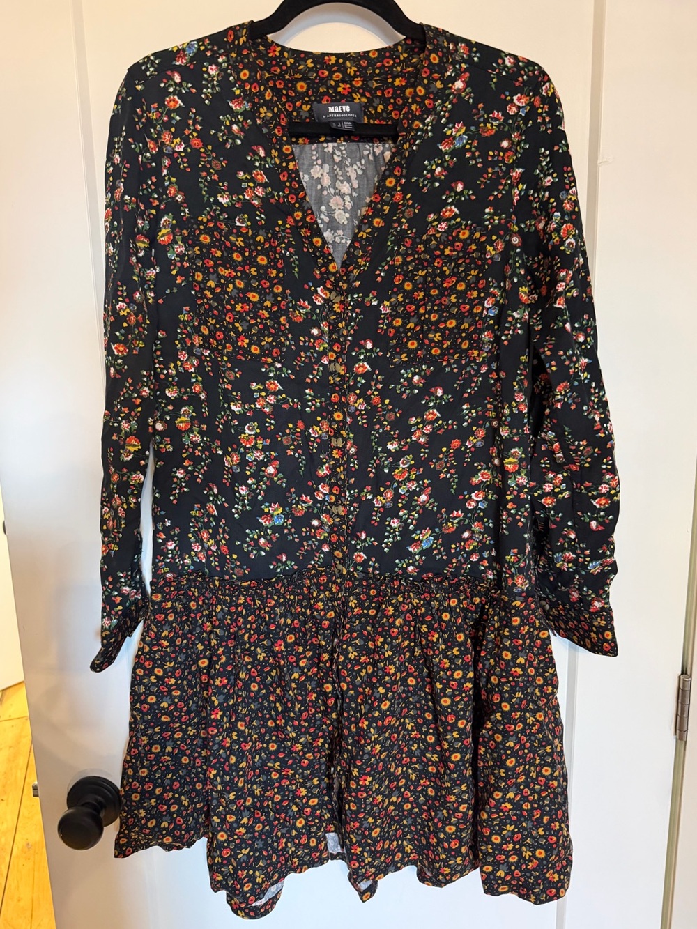 Anthropologie Black Long Sleeve Floral Tiered Dress